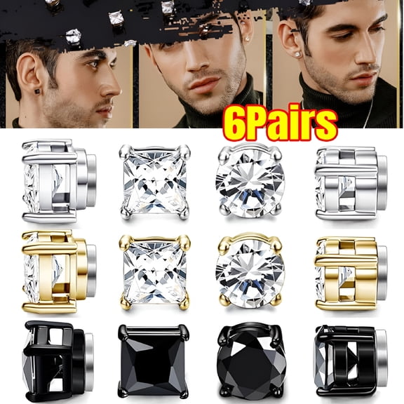 DESIGNICE 6 Pairs Stainless Steel Magnetic Stud Earrings for Men Clip on Earring Magnetic Earring Unisex Non Piercing CZ Magnet Studs Diamond Earrings