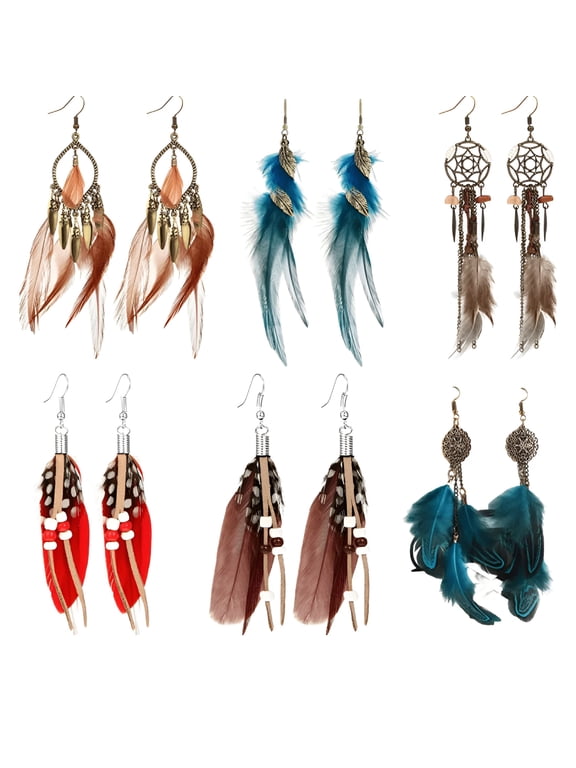 2026 New 6 Pairs Women Faux Feather Earrings Dream Catcher Bohemian Fringe Tassel Long Drop Dangle Earrings Set with Design for Women