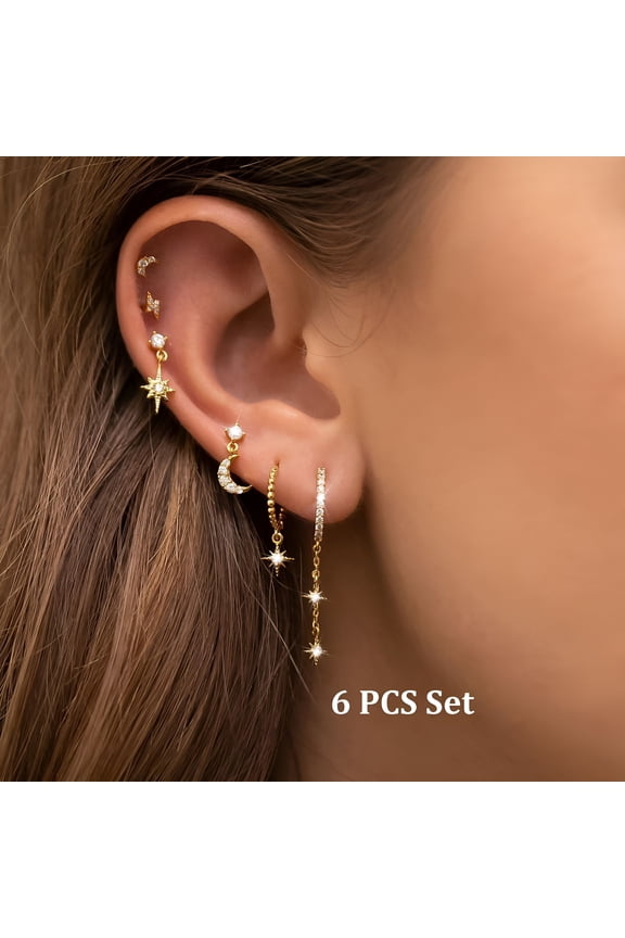 6 Pcs/6 Pairs Hypoallergenic Stud Post 14K Gold Plated Earrings for Women Moon Star Hoop Stackable Cubic Zirconia Chain Dangle Earring Set Stacks for Multiple Piercings