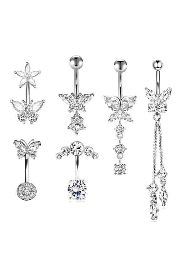 6 Pcs Dangle Belly Button Rings,Electroplating Belly Rings,Stainless Steel with Copper Belly Button Piercing Cute Belly Button Rings,silver