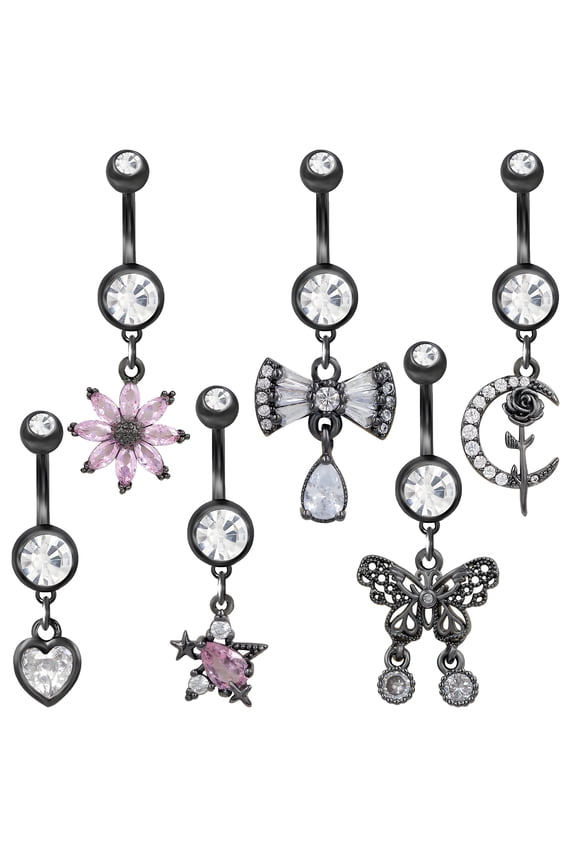 6 Pcs Dangle Belly Button Rings,Electroplating Belly Rings,Zinc Alloy Belly Button Piercing Cute Belly Button Rings,black