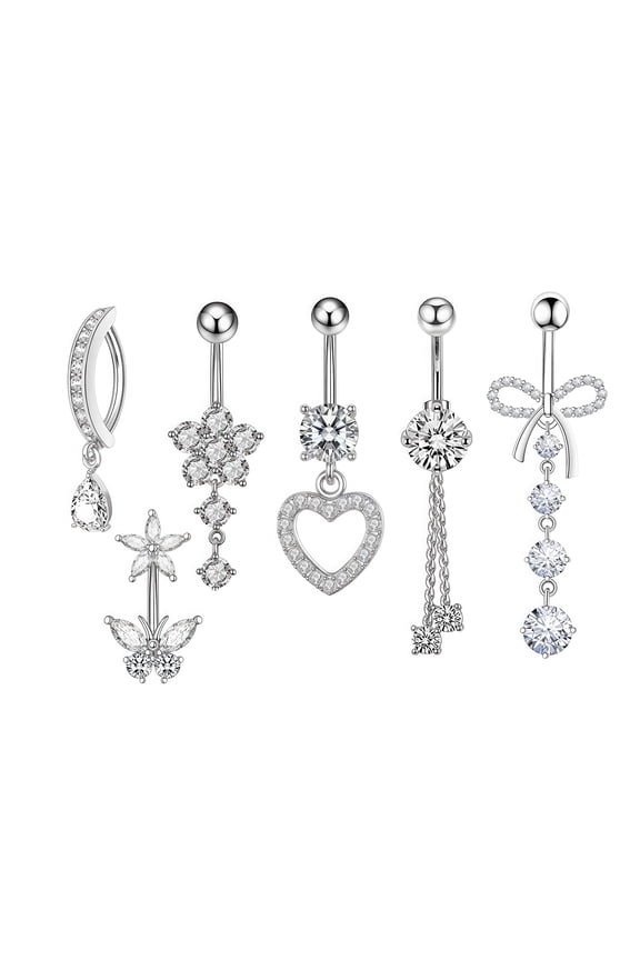 6 Pcs Dangle Belly Button Rings,Lead-Free and Nickel-Free Belly Rings,Stainless Steel with Copper Belly Button Piercing Cute Belly Button Rings,silver