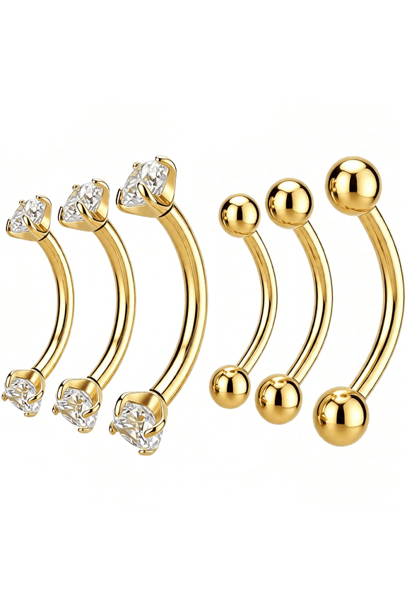 6 Pcs Gold Eyebrow Piercing Jewelry 16G Rook Piercing Jewelry Surgical Steel Gold Eyebrow Rings Vertical Lip Labret Belly Snake Eye Tongue Ring Daith Earring for Men Women Curved Barbells