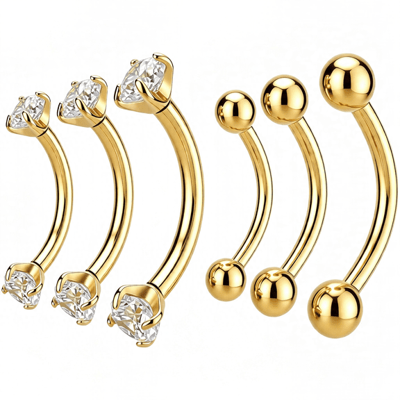 DESIGNICE 6 Pcs Gold Eyebrow Piercing Jewelry 16G Rook Piercing Jewelry Surgical Steel Gold Eyebrow Rings Vertical Lip Labret Belly Snake Eye Tongue Ring Daith Earring for Men Women Curved Barbells