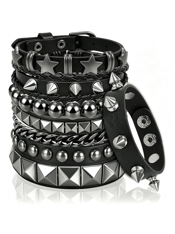 6 Pcs Punk Rock Spiked Studded Bracelet Set for Women Men,80S Gothic Grunge Emo Wristbands,Y2K Star Beaded Cuff Bracelets,Pu Leather Snap Button Adjustable Accessories for Rocker