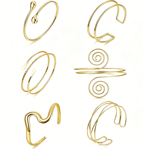 DESIGNICE 6 Pieces Upper Arm Cuff Arm Band Cuff Bangle Bracelet for Women Hammered Chunky Bracelets Open Wide Wire Bracelets Minimalist Coil Bangle Set Gold Sliver Wrist Cuff Wrap Bracelet Adjustable
