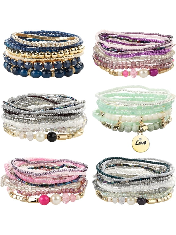 6 Sets Bohemian Stackable Bead Bracelets for Women Stretch Multilayered Bracelet Set Multicolor Jewelry