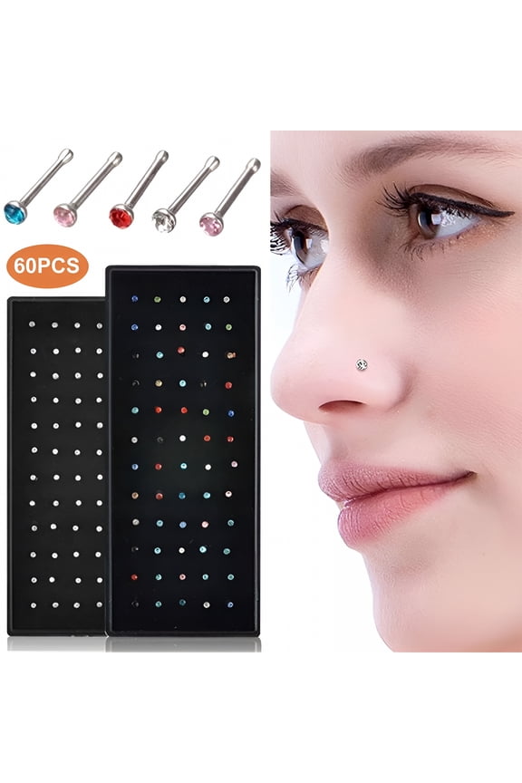 60 Pcs Nose Rings Piercing Attractive Rhinestone Comfortable to Wear Shiny Body Jewelry Hypoallergenic Stainless Steel Nose Studs Rings Jewelry Accessory