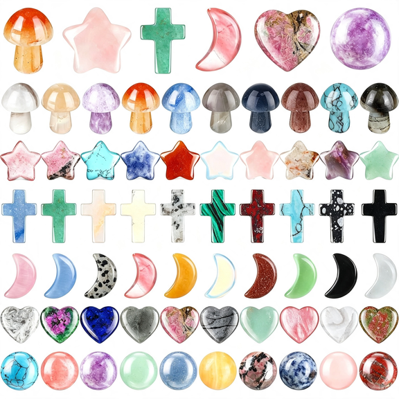 DESIGNICE 60 Pcs Worry Stones Heart Mushroom Cross Moon Star Round Shaped Healing Crystal Gemstone Pocket Rocks for Balancing Meditation Easter Mothers Day Gift