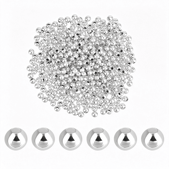 DESIGNICE 600Pcs 925 Sterling Silver Plated Beads, 3Mm Seamless Smooth Round Bead Ball Beads Brass Loose Spacers Long-Lasting Waist Bead for Bikini Belly Chain Layered Bracelet Jewelry Making