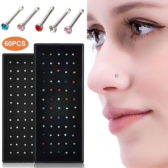 DESIGNICE 60Pcs Nose Rings Piercing Attractive Rhinestone Comfortable to Wear Shiny Body Jewelry Hypoallergenic Stainless Steel Nose Studs Rings Jewelry Accessory