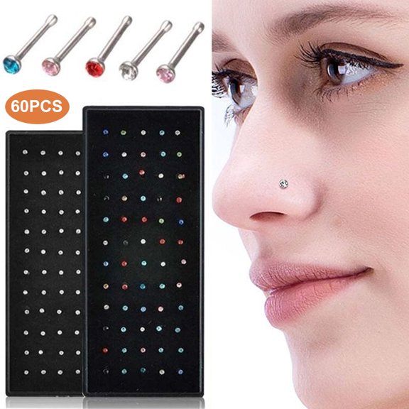 DESIGNICE 60Pcs Nose Rings Piercing Attractive Rhinestone Comfortable to Wear Shiny Body Jewelry Hypoallergenic Stainless Steel Nose Studs Rings Jewelry Accessory