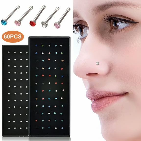DESIGNICE 60Pcs Nose Rings Piercing Attractive Rhinestone Comfortable to Wear Shiny Body Jewelry Hypoallergenic Stainless Steel Nose Studs Rings Jewelry Accessory