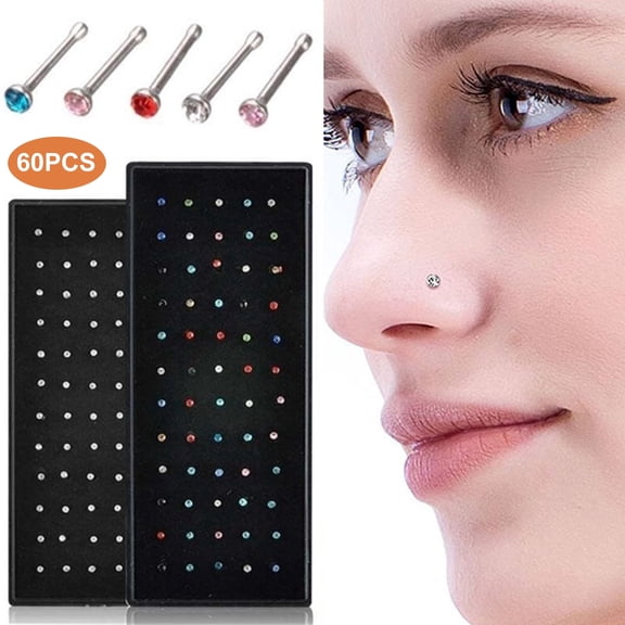 DESIGNICE 60Pcs Nose Rings Piercing Attractive Rhinestone Comfortable to Wear Shiny Body Jewelry Hypoallergenic Stainless Steel Nose Studs Rings Jewelry Accessory