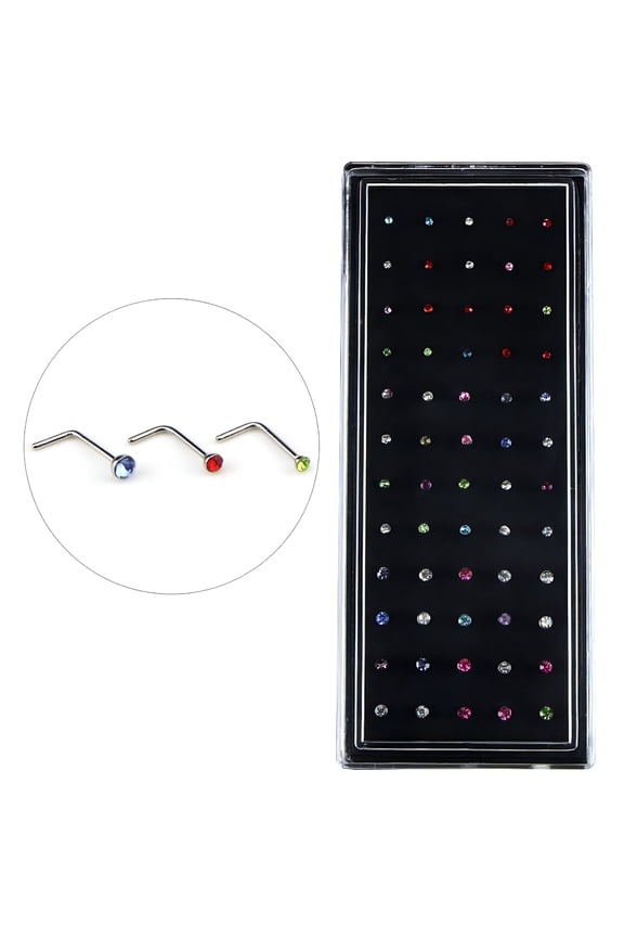 60Pcs/Set Stainless Steel Cz Crystal L Shape Nose Ring