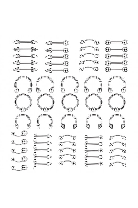 60Pcs Unisex Stainless Steel Lip Nail Eyebrow Stud Nose Ring Piercing Mixed Set, Body Piercing Jewelry