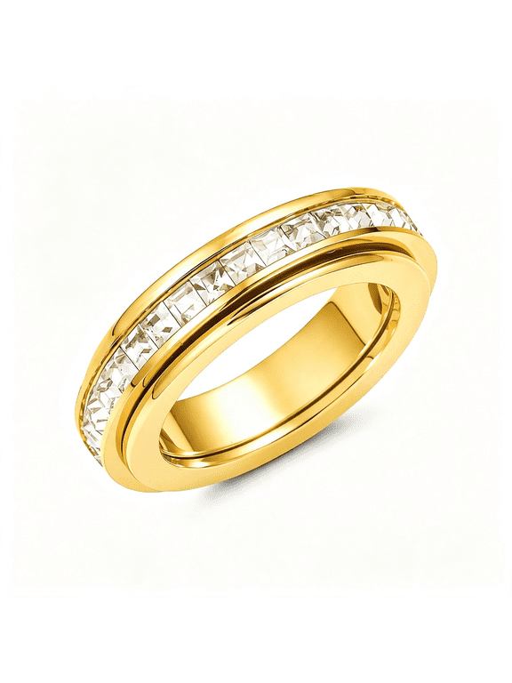 6Mm Titanium Fidget Rings for Women Anxiety Relasing,Full Cubic Zirconia Ring Eternity Wedding Band Ring Love Statement Jewelry,Hypoallergenic Stainless Steel Gold Ring for Women No Tarnish