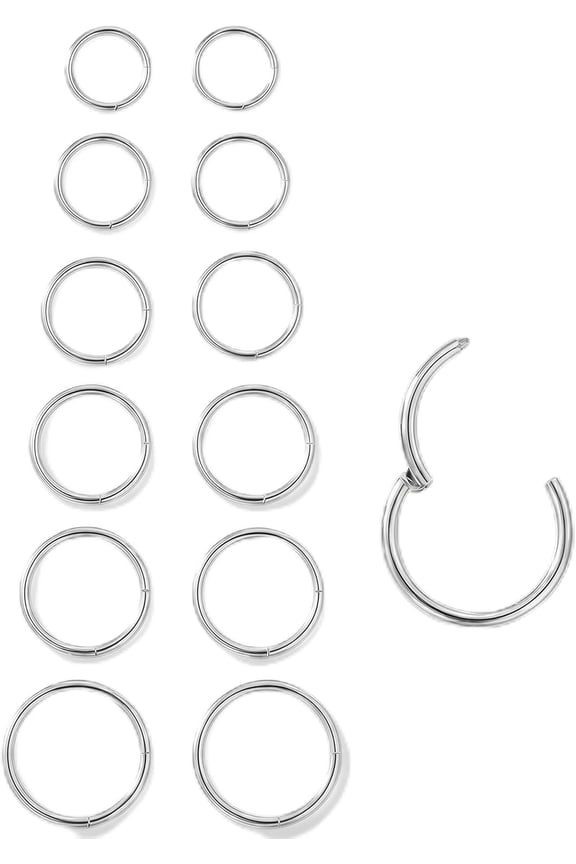 6Pairs Nose Rings Hoops-316L Surgical Steel Hinged Nose Hoops 16/18/20G Clicker Septum Nose Ring Lip Helix Cartilage Hoop Earring Daith Rook Conch Body Piercing Jewelry 6/7/8/9/10/12Mm