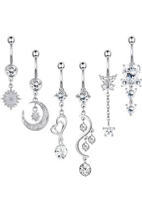 6Pcs 14G Belly Button Rings Dangle for Women Surgical Steel Navel Rings Body Piercing Jewelry