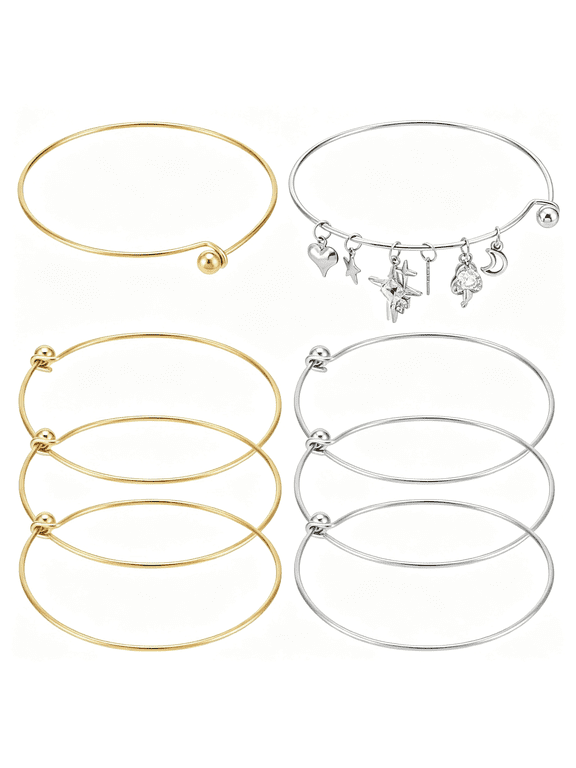 6Pcs 2 Colors Expandable Blank Bangle Bracelet Stainless Steel Adjustable Wire Bracelets Metal Wire Blank Bangles for Diy Bracelets Jewelry Making Holiday Day Gifts