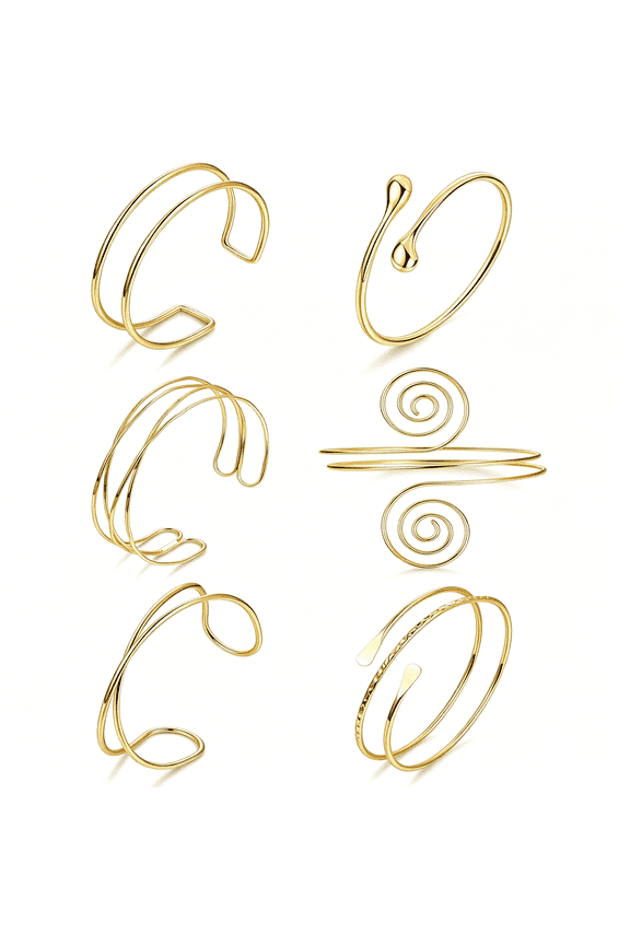 6Pcs Boho Coil Arm Cuff Bangle Set-Adjustable Minimalist Open Arm Cuff Armlet Armband