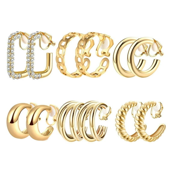 DESIGNICE 6Pcs Clip on Earrings,Fashionable Vibe, Elevating Your Style Earrings for Women,Radiant Glow, Showcasing Grace Dangle Earrings for Women,Gold3