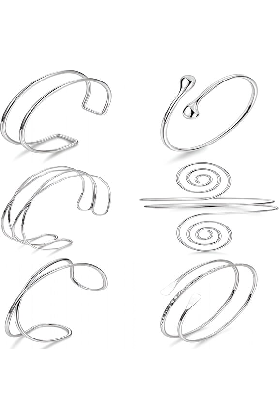 6Pcs Coil Arm Cuff Bangle Set - Adjustable Minimalist Open Arm Cuff Armlet Armband