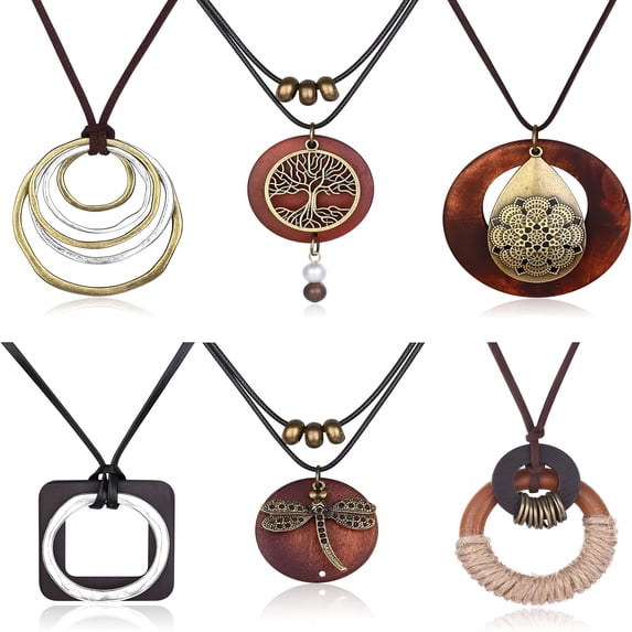 DESIGNICE 6Pcs Long Pendant Necklaces for Women Boho Vintage Wood Fall Sweater Necklaces Set Statement Feather Dragonfly Peace Sign Y Necklace Hippie Handmade Fashion Jewelry Accessories