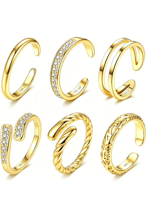 6Pcs Toe Rings for Women-14K Gold Filled Toe Ring Non Tarnish Silver Adjustable Simple Open Band Hug Chunky Flower Toe Rings Set Trendy Summer Beach Foot Jewelry for Women