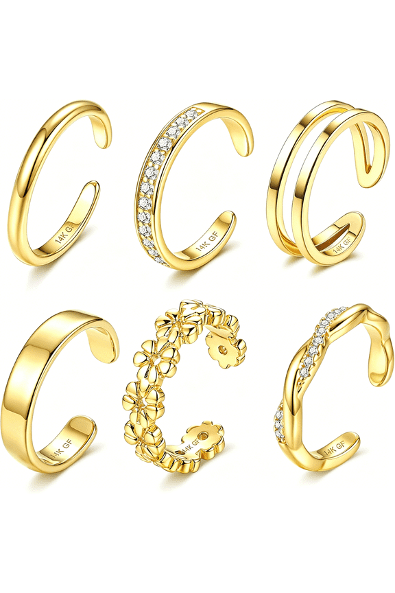 6Pcs Toe Rings for Women-14K Gold Filled Toe Ring Non Tarnish Silver Adjustable Simple Open Band Hug Chunky Flower Toe Rings Set Trendy Summer Beach Foot Jewelry for Women