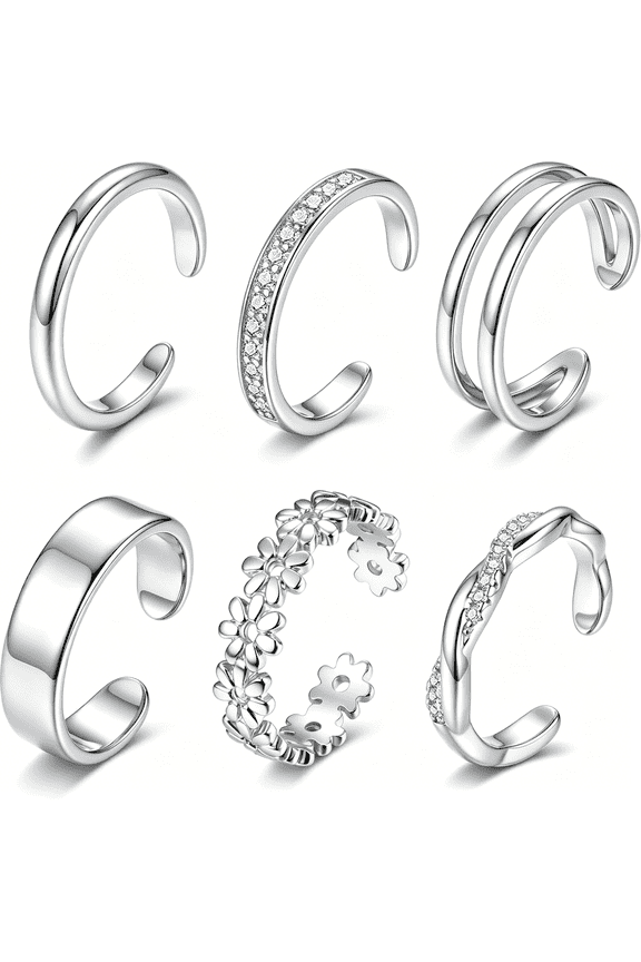 6Pcs Toe Rings for Women-14K Gold Filled Toe Ring Non Tarnish Silver Adjustable Simple Open Band Hug Chunky Flower Toe Rings Set Trendy Summer Beach Foot Jewelry for Women
