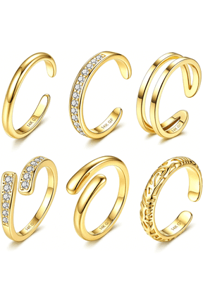 6Pcs Toe Rings for Women-14K Gold Filled Toe Ring Non Tarnish Silver Adjustable Simple Open Band Hug Cz Chunky Flower Toe Rings Set Trendy Summer Beach Foot Jewelry for Women