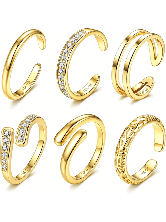 6Pcs Toe Rings for Women-14K Gold Filled Toe Ring Non Tarnish Silver Adjustable Simple Open Band Hug Cz Chunky Flower Toe Rings Set Trendy Summer Beach Foot Jewelry for Women