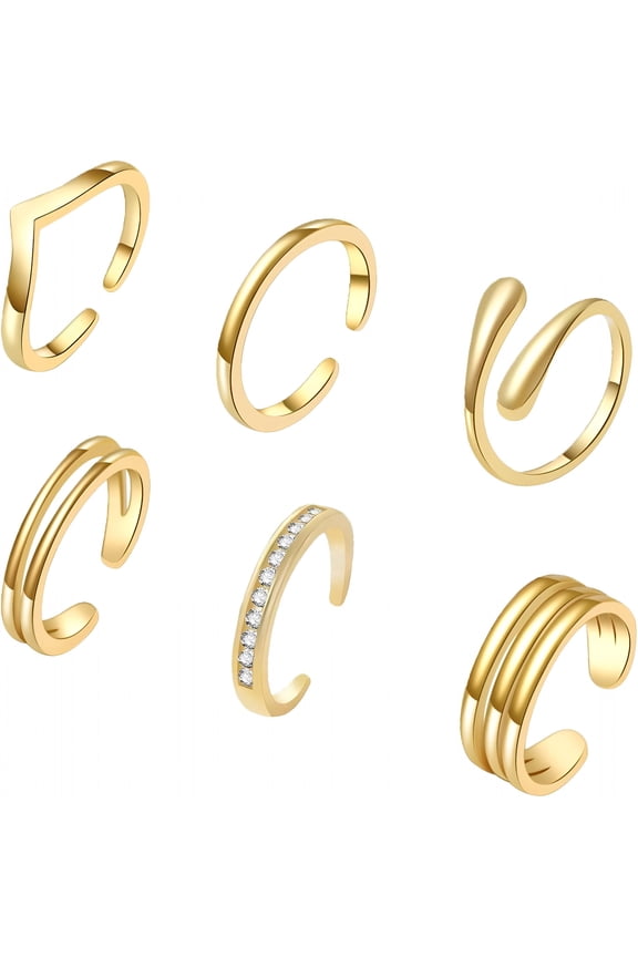 6Pcs Toe Rings for Women Gold Silver Toe Ring Set Adjustable Non Tarnish Band Simple Beach Foot Jewelry for Summer
