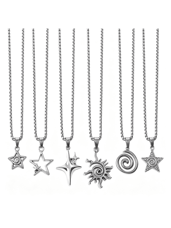 6Pcs Y2K Necklace Grunge Jewelry Set for Women,Silver Vintage Punk Emo Necklace Alt Jewelry Star Sun Pentagram Spiral Necklace,Stainless Steel Punk Alt Alternative Jewelries Emo