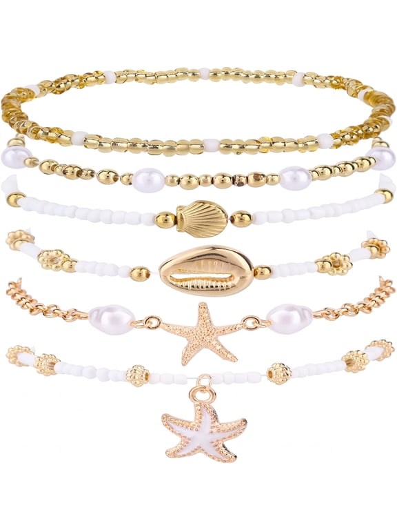 6pcs Summer Beach Bracelet for Women, Stackable Shell Seashell Starfish Pendant Beaded Jewelry Set Bohemian Summer Beachy Seaside Coastal Vacation Ocean Sea Gift Accessories