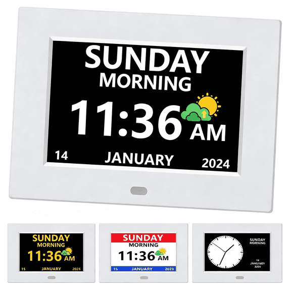 DESIGNICE 7 Inch Digital Clock with Day and Date for Elderly Alzheimer'S Clock Customizable Alarms 3 Display Modes Large Font Alarm Clock for Seniors Auto Dst White