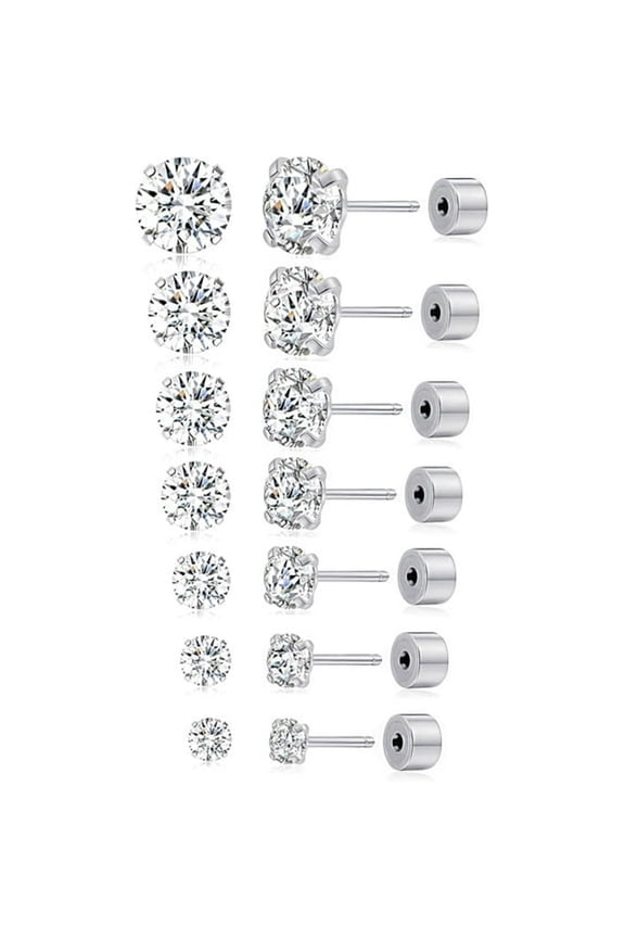 7 Pairs 20G Threadless Flat Back Earrings Stud Stainless Steel Round Cz Stud Earrings Set Cartilage Earring Tragus Push in Earring Piercing Jewelry for Men Women 2Mm-8Mm Silver Tone