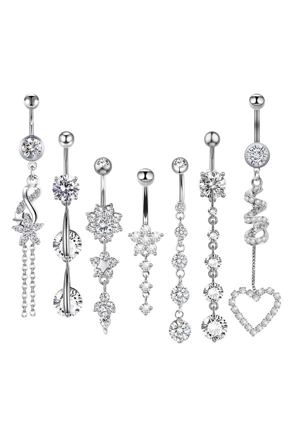 7 Pcs 14G Belly Button Rings, Surgical Steel Dangle Navel Piercing Jewelry, Rhinestone Long Barbells for Women, Silver