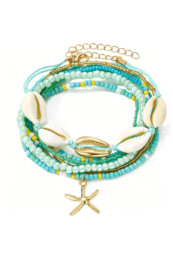 7 Pcs Colorful Shell Bracelet Anklet Set for Women,Boho Bead Stretch Adjustable Beach Seaside Starfish Conch Chain Summer Travel Jewelry Gift