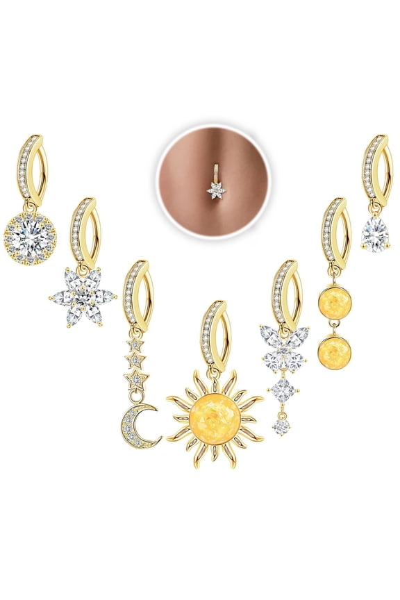 7 Pcs Dangle Belly Button Rings,14G Belly Rings,Stainless Steel Belly Button Piercing Clip on Belly Button Rings,Gold