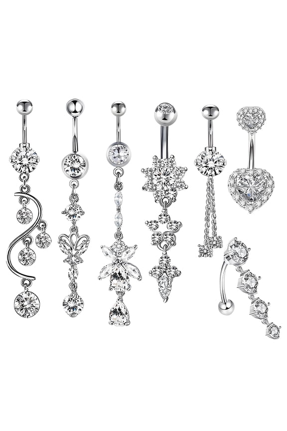 7 Pcs Dangle Belly Button Rings,Electroplating Belly Rings,Stainless Steel with Copper Belly Button Piercing Cute Belly Button Rings,Silver