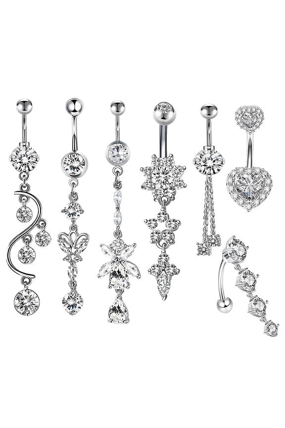 7 Pcs Dangle Belly Button Rings,Electroplating Belly Rings,Stainless Steel with Copper Belly Button Piercing Cute Belly Button Rings,silver