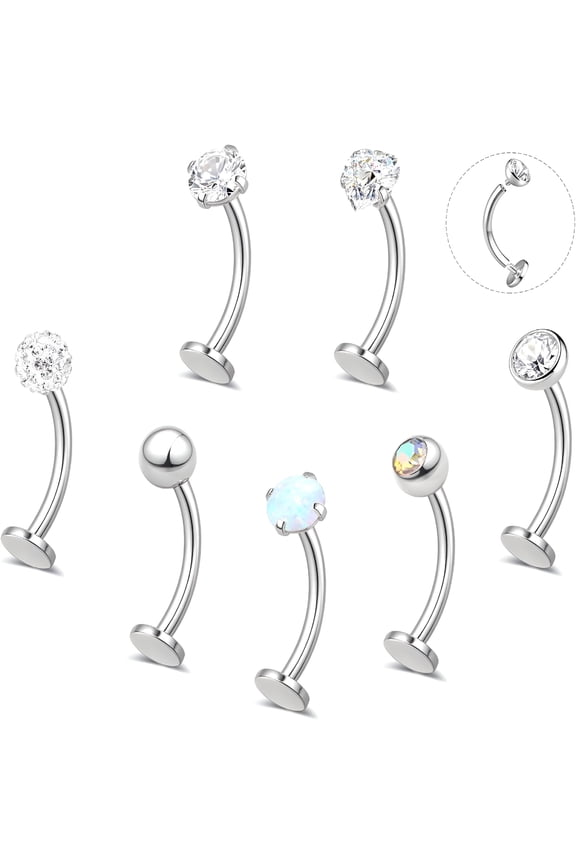 7PCS Floating Belly Button Ring for Women Surgical Stainless Steel Belly Rings Internally Threaded CZ Opal Long Bar Navel Barbell Flat Back Belly Piercing 12/14MM Silver Gold
