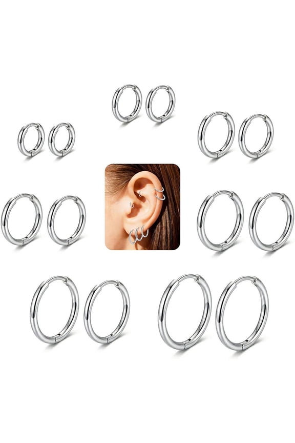 7Pairs Hypoallergenic Hoops Earrings Set for Adult-316L Surgical Stainless Steel 18K Real Gold Plated Lightweight Minimalist Small Huggie Hoop Earring Stack for Multiple Piercings 8-20Mm