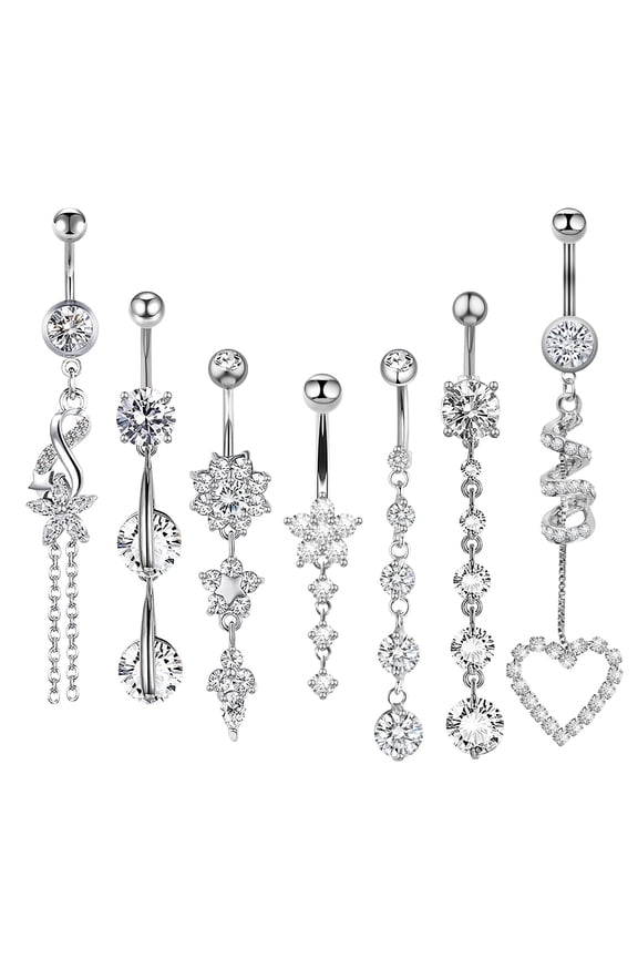 7Pcs 14G Belly Rings,Long Belly Button Ring,Dangle Piercing Jewelry for Party,Silver