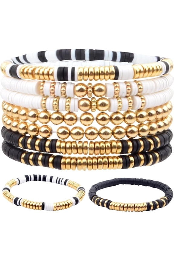 7Pcs Clay Bead Bracelets Bohemian Stackable Gold Plated Beaded Stretch Layering Friendship Bracelet Summer Beach Boho Jewelry Set for Women Party Vacation