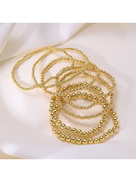 7Pcs Simple Stackable Gold Beaded Bracelets-Elegant Stretch Gold Bracelets for Women,Gold Bead Bracelet Set,Neutral Casual Vacation Date Daily Wear Accessories