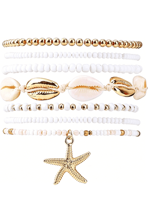 7Pcs Summer Beach Bracelets for Women,Stackable Shell Seashell Starfish Beaded Bracelets Set Boho Seaside Holiday Vacation Party Friendship Jewelry Gift