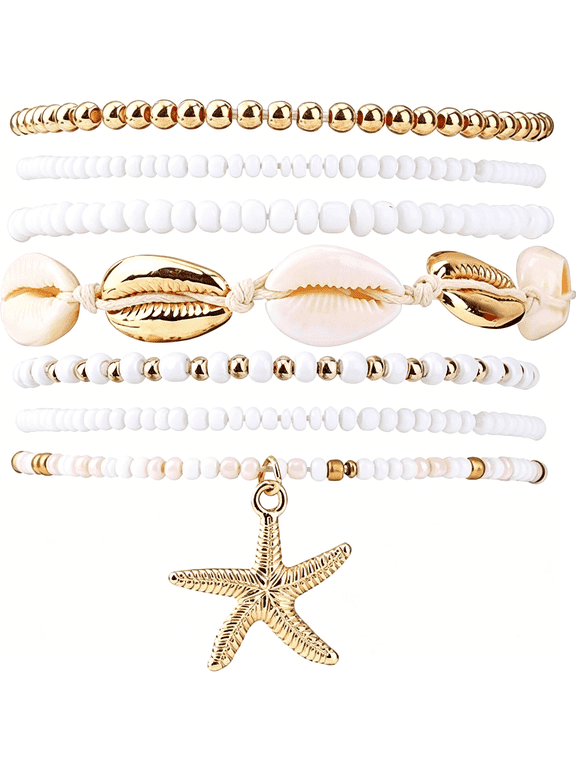 7Pcs Summer Beach Bracelets for Women, Stackable Shell Seashell Starfish Beaded Jewelry Set, Boho Seaside Vacation Party Friendship Gift